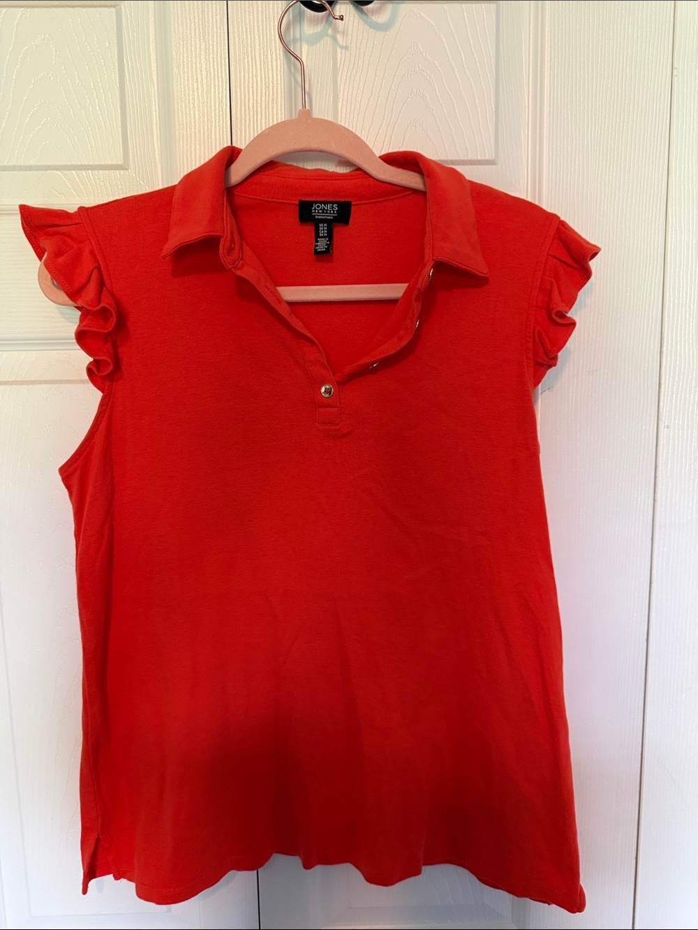 Jones New York Red Ruffle Sleeve Polo Top